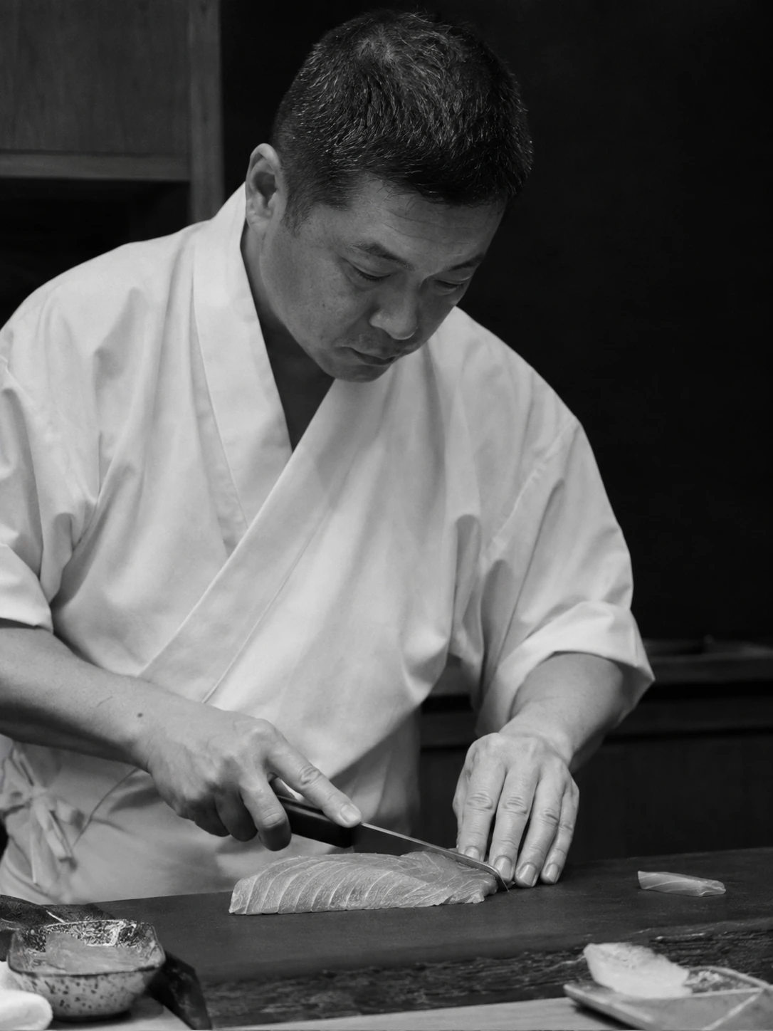 Retrato em preto e branco do chef fictício Akira Mori preparando peixe.