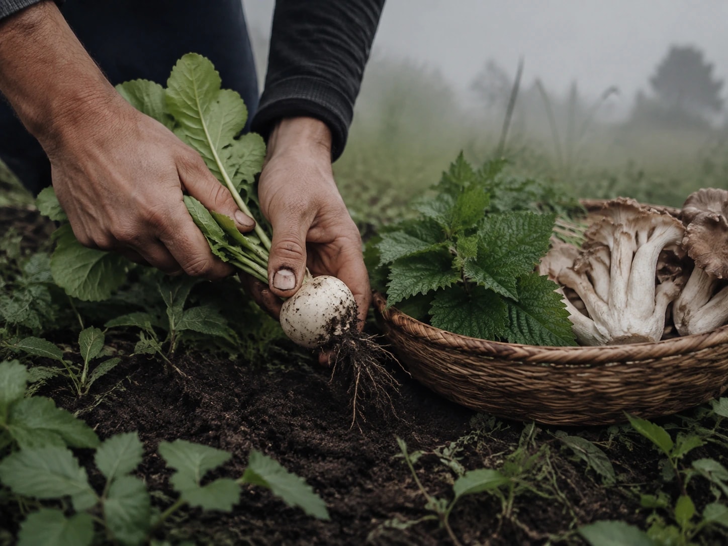 Mãos colhem pequenos vegetais e folhas, com uma cesta de cogumelos na horta.