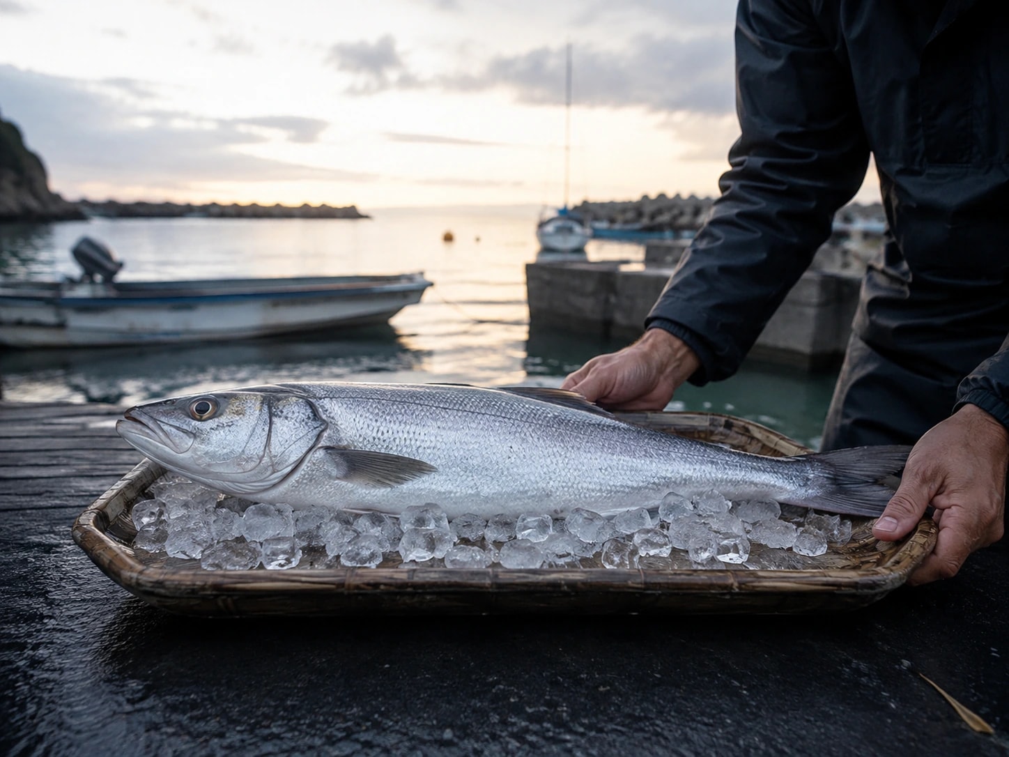 Peixe de linha prateado, gelo limpo e as mãos de um pescador na seleção da manhã.