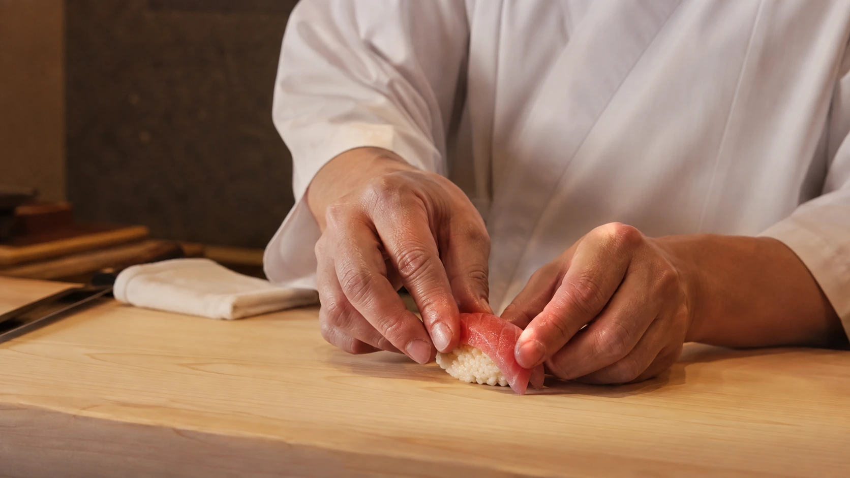 As mãos do chef moldam delicadamente um nigiri sobre o balcão de hinoki.